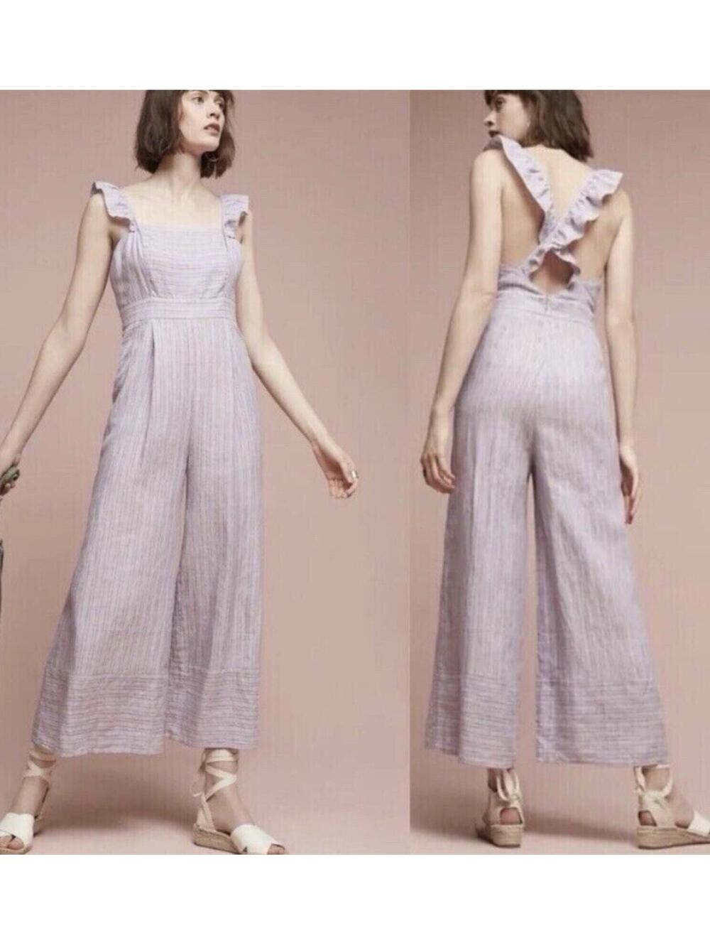 Anthro Elevenses Nantucket Linen Jumpsuit 4 Ruffle Striped Wide Leg Culotte Crop